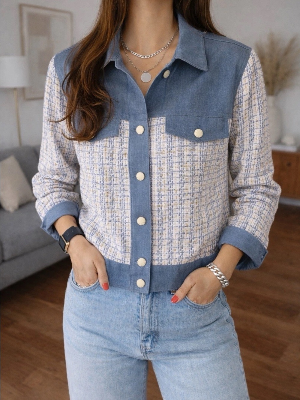 Nanette Lepore Blue Tweed & Denim-Trim Jacket